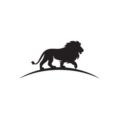 A flat silhouette of a lion walking along a curved line, resembling a horizon, perfect for a logo layout, black silhouette on a white background....