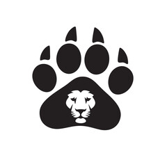 A flat silhouette of a lion’s pawprint, with a subtle lion face integrated into the design, black silhouette on a white background....