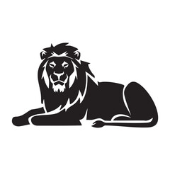 A flat silhouette of a lion in a resting position, with its head turned slightly toward the viewer, black silhouette on a white background....