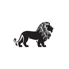 A flat silhouette of a lion standing sideways, with its mane styled in intricate patterns for an artistic logo, black silhouette on a white background....