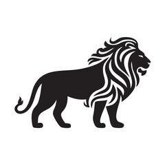 A flat silhouette of a lion standing sideways, with its mane styled in intricate patterns for an artistic logo, black silhouette on a white background....