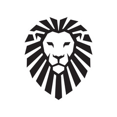 A flat silhouette of a lion’s head facing forward, with its mane designed in a radial or sunburst pattern, black silhouette on a white background....