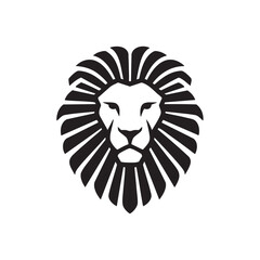 A flat silhouette of a lion’s head facing forward, with its mane designed in a radial or sunburst pattern, black silhouette on a white background....