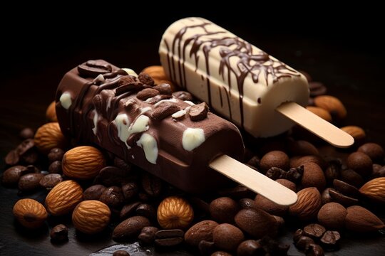 Realistic chocolate ice cream on sticks. White and black ice creams. Sweet creamy dessert, dairy frozen summer food. Coffee and nuts under ice creams.