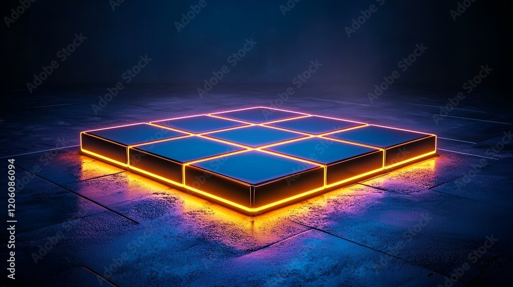 Poster futuristic grid design, illuminated lines intersecting in a dynamic pattern, creating a vibrant, tec