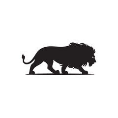 A flat silhouette of a lion in a stalking position, with its body low to the ground and eyes focused forward, black silhouette on a white background....