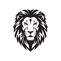 A flat silhouette of a lion’s face in a geometric, minimalist style, with sharp lines defining the mane and facial structure, black silhouette on a white background....