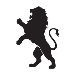 A flat silhouette of a lion standing on its hind legs, as if roaring in dominance, black silhouette on a white background....