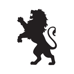 A flat silhouette of a lion standing on its hind legs, as if roaring in dominance, black silhouette on a white background....