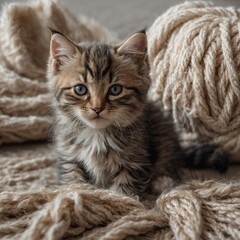 A fluffy kitten, with a mix of black, white, and gray fur, rests face-down on a comfortable bed,playful kitten entangled in ball of yarn embodying curiosity and mischief animal photography.
