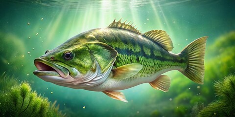 Fototapeta premium Largemouth Bass, Freshwater Fish, Micropterus Salmoides, Green Water, Wildlife