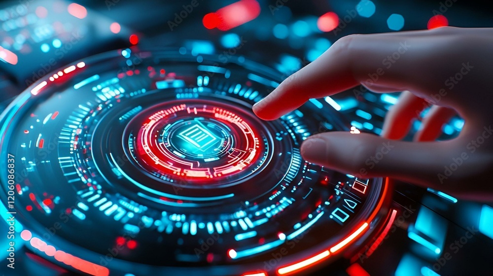 Poster futuristic ai interface, a sleek touch screen displaying vibrant data visuals and interactive elemen