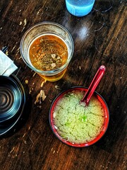 Miso soup and beer top view
