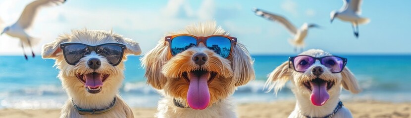 Three cute dogs wearing sunglasses and sticking out their tongues on the beach, with seagulls flying in the background