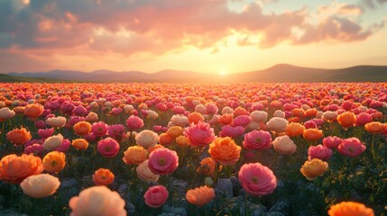 Fototapeta premium Colorful Flower Field at Sunset with Serene Atmosphere and Warm Hues Dominating the Landscape