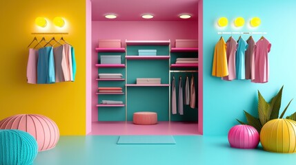 Stylish and colorful clothing storage in a modern space.