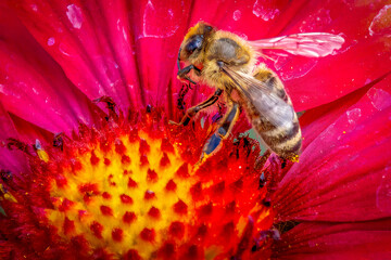 Close-up of a Honeybee Pollinating a Vibrant Red and Yellow Flower in a Sunny Garden
