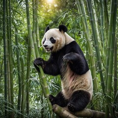 Obraz premium a young giant panda, known scientifically as Ailuropoda melanoleuca, playing in a lush green bamboo forest in Chengdu, Sichuan, China. A panda peacefully munching bamboo in a 