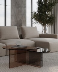 Contemporary living room with white modular sofa, wooden coffee table, floor lamp, and cabinet on light parquet flooring. Bright minimalist concept. 3D Rendering.
