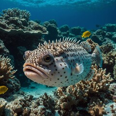 A shy pufferfish hiding in coral with curious eyes.A curious pufferfish puffing up to double its size as a defense mechanism.Puffer Fish a Beautiful Saltwater Coral Reef Environment
