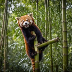 Fototapeta premium A serene red panda with auburn fur sits on a mossy branch in a misty forest, showcasing nature's beauty with copy space.A full body shot of a red panda climbing through the branches of a bamboo forest
