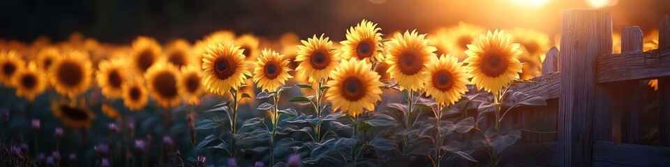 Obraz premium Vibrant Sunflower Field at Sunset with Wooden Fence and Warm Golden Light