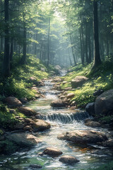 Obraz premium Serene Forest Stream Cascading Through Rocks