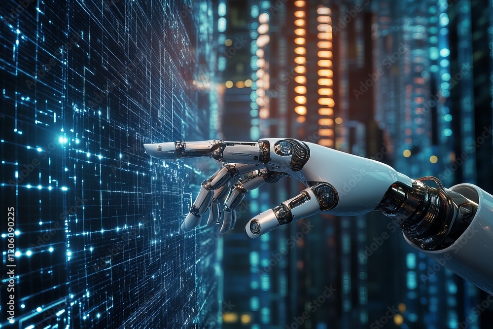 Poster robotic hand interacting with futuristic digital interface advanced technology artificial intelligen