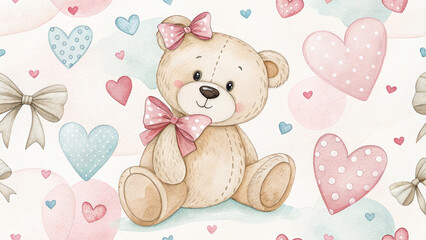 Obraz premium Cute watercolor teddy bear seamless pattern with hearts and bows for children's projects and nursery decor 