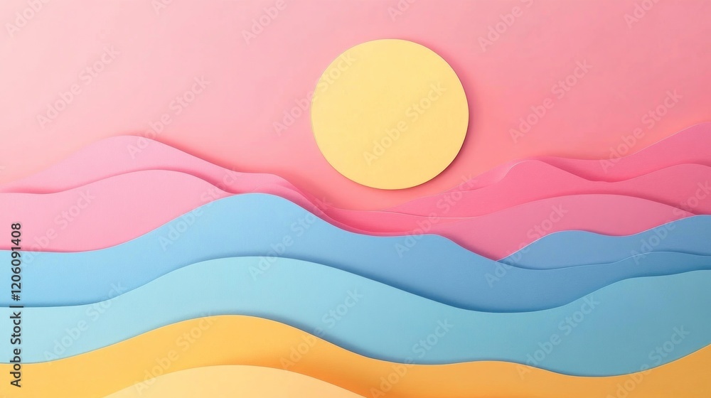 Poster monochrome-inspired colorful layered paper-cut effect, creating depth with soft shadows and bright p