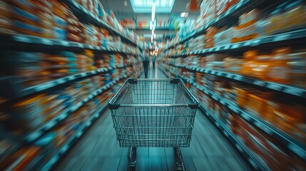 A shopping cart in a blurred grocery aisle filled with various products.