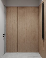 The interior of the modern Hall with an empty wall, an entrance door, a white wardrobe, a mirror, a pouf and a wooden floor. Front view. 3d render