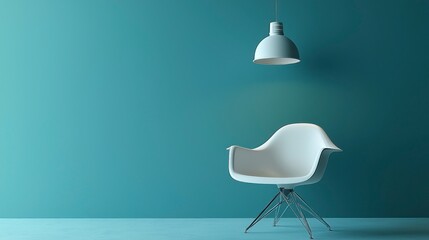 Minimalistic interior with chair and lamp on a turquoise background