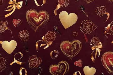 Fototapeta premium Luxurious Pattern Design with Gold Hearts and Roses