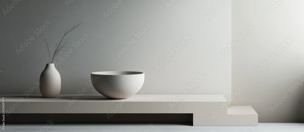 Poster minimalist still life with muted gray tones featuring a simple floating bowl and vase with a branch