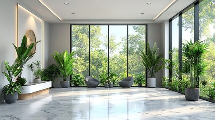 Fototapeta premium Modern lobby interior with plants, forest view, seating area