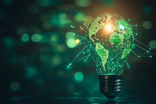 Global Network Innovation Green Technology Digital World Map Lightbulb Energy Future Sustainable Development Eco Friendly Idea Concept Bright Digital Abstract Background  - Powered by Adobe