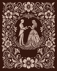 wedding invitation card with vintage baroque style. Gothic Romance. Elegant Wedding. Vintage wedding invitation card with ornate elegant retro design. Loving couple in vintage baroque style.	
