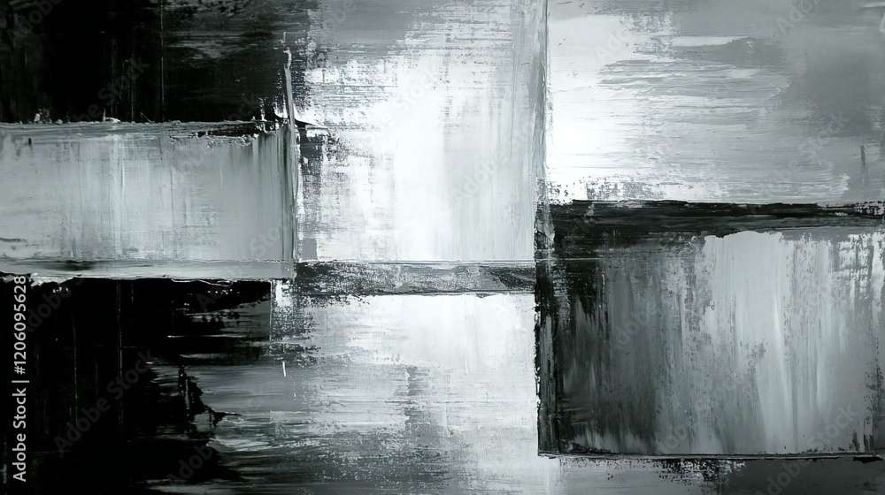 Poster modern abstract black and white painting with geometric shapes displayed in an art gallery setting