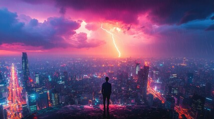 Obraz premium A silhouette stands against a vibrant cityscape illuminated by lightning and a colorful sky.