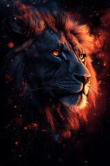 Naklejka premium Fiery Lion Majesty Cosmic Background