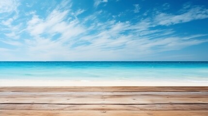 Fototapeta premium Wood table top on blur beach background