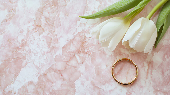 Elegant white tulips and gold bangle on pink marble. Perfect for wedding, anniversary, or spring themes.