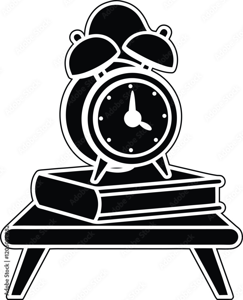 Poster alarm clock on top of a stack of books on a table vector illustration design, alarm clock on top of 