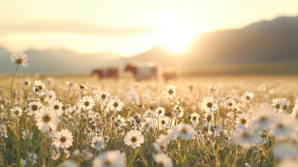 Peaceful Chamomile Field at Sunset with Grazing Cattle