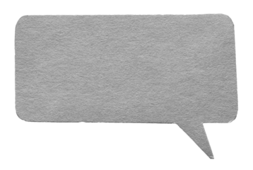 Grey gray blank cut out cardboard paper speech bubble with round rounded corners rough edges, copy space for text on transparent png background design element