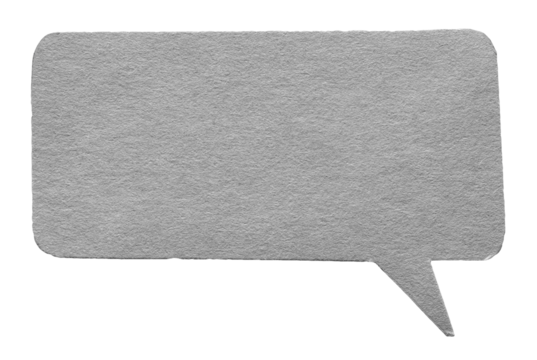 Grey gray blank cut out cardboard paper speech bubble with round rounded corners rough edges, copy space for text on transparent png background design element - Powered by Adobe