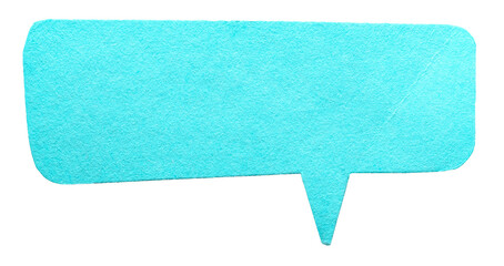 Turquoise blank cut out cardboard paper speech bubble with round rounded corners rough edges, copy...