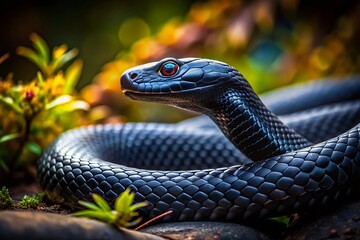 Long Exposure Close-up of a Black Snake Crawling, Reptile Scales Texture, Wildlife Photography