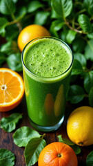 Fototapeta premium A vibrant green smoothie in a tall glass set against a natural backdrop of fresh oranges and leaves.